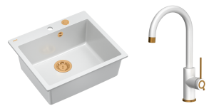 Quadron Unique Zlewozmywak granitowy jednokomorowy 57*50*22 cm MORGAN 110 SNOW WHITE z syfonem Push-2-Open w kolorze miedzianym z baterią JODIE Q LINE SLIM SNOW WHITE kolor biały mat/wykończenie miedź-DARMOWA DOSTAWA