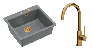 Quadron Unique Zlewozmywak granitowy jednokomorowy 57*50*22 cm MORGAN 110 SILVER STONE z syfonem Push-2-Open w kolorze miedzianym  z baterią JODIE Q LINE SLIM kolor miedziany-DARMOWA DOSTAWA
