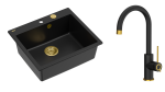 Quadron Unique Zlewozmywak granitowy jednokomorowy 57*50*22 cm MORGAN 110 PURE CARBON z syfonem Push-2-Open w kolorze złotym z baterią JODIE Q LINE SLIM PURE CARBON kolor czarny mat/wykończenie złote-DARMOWA DOSTAWA