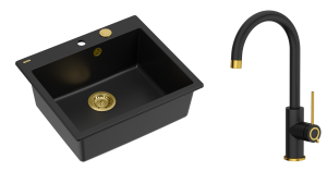 Quadron Unique Zlewozmywak granitowy jednokomorowy 57*50*22 cm MORGAN 110 PURE CARBON z syfonem Push-2-Open w kolorze złotym z baterią JODIE Q LINE SLIM PURE CARBON kolor czarny mat/wykończenie złote-DARMOWA DOSTAWA