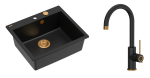 Quadron Unique Zlewozmywak granitowy jednokomorowy 57*50*22 cm MORGAN 110 PURE CARBON  z syfonem Push-2-Open w kolorze miedzianym z baterią JODIE Q LINE SLIM PURE CARBON kolor czarny mat/wykończenie miedź-DARMOWA DOSTAWA