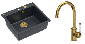 Quadron Unique Zlewozmywak granitowy jednokomorowy 57*50*22 cm MORGAN 110 BLACK DIAMOND z syfonem Push-2-Open w kolorze złotym z baterią RACHEL kolor złoty-DARMOWA DOSTAWA