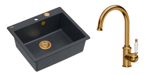 Quadron Unique Zlewozmywak granitowy jednokomorowy 57*50*22 cm MORGAN 110 BLACK DIAMOND z syfonem Push-2-Open w kolorze miedzianym z baterią RACHEL Q LINE kolor miedziany-DARMOWA DOSTAWA