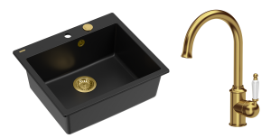 Quadron Unique Zlewozmywak granitowy jednokomorowy 57*50*22 cm MORGAN 110 PURE CARBON z syfonem Push-2-Open w kolorze złotym z baterią RACHEL Q LINE kolor złoty-DARMOWA DOSTAWA