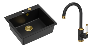 Quadron Unique Zlewozmywak granitowy jednokomorowy 57*50*22 cm MORGAN 110 PURE CARBON z syfonem Push-2-Open w kolorze złotym z baterią RACHEL Q LINE PURE CARBON kolor czarny mat/wykończenie złote-DARMOWA DOSTAWA