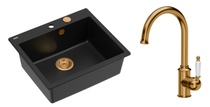 Quadron Unique Zlewozmywak granitowy jednokomorowy 57*50*22 cm MORGAN 110 PURE CARBON  z syfonem Push-2-Open w kolorze miedzianym odpływem z baterią RACHEL Q LINE kolor miedziany-DARMOWA DOSTAWA