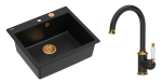 Quadron Unique Zlewozmywak granitowy jednokomorowy 57*50*22 cm MORGAN 110 PURE CARBON  z syfonem Push-2-Open w kolorze miedzianym z baterią RACHEL Q LINE PURE CARBON kolor czarny mat/ wykończenie miedź-DARMOWA DOSTAWA