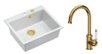 Quadron Unique Zlewozmywak granitowy jednokomorowy 57*50*22 cm MORGAN 110 SNOW WHITE z syfonem Push-2-Open w kolorze złotym z baterią RACHEL Q LINE kolor złoty-DARMOWA DOSTAWA