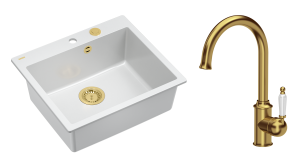 Quadron Unique Zlewozmywak granitowy jednokomorowy 57*50*22 cm MORGAN 110 SNOW WHITE z syfonem Push-2-Open w kolorze złotym z baterią RACHEL Q LINE kolor złoty-DARMOWA DOSTAWA
