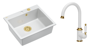 Quadron Unique Zlewozmywak granitowy jednokomorowy 57*50*22 cm MORGAN 110 SNOW WHITE z syfonem Push-2-Open w kolorze złotym z baterią RACHEL Q LINE SNOW WHITE kolor biały mat/wykończenie złote-DARMOWA DOSTAWA