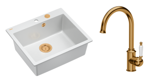 Quadron Unique Zlewozmywak granitowy jednokomorowy 57*50*22 cm MORGAN 110 SNOW WHITE z syfonem Push-2-Open w kolorze miedzianym z baterią RACHEL Q LINE kolor miedziany-DARMOWA DOSTAWA