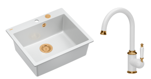 Quadron Unique Zlewozmywak granitowy jednokomorowy 57*50*22 cm MORGAN 110 SNOW WHITE z syfonem Push-2-Open w kolorze miedzianym z baterią RACHEL Q LINE SNOW WHITE kolor biały mat/wykończenie miedź-DARMOWA DOSTAWA