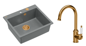 Quadron Unique Zlewozmywak granitowy jednokomorowy 57*50*22 cm MORGAN 110 SILVER STONE z syfonem Push-2-Open w kolorze miedzianym  z baterią RACHEL Q LINE kolor miedziany-DARMOWA DOSTAWA