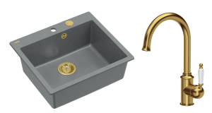 Quadron Unique Zlewozmywak granitowy jednokomorowy 57*50*22 cm MORGAN 110 SILVER STONE z syfonem Push-2-Open w kolorze złotym z baterią RACHEL Q LINE kolor złoty-DARMOWA DOSTAWA