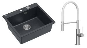 Quadron Unique Zlewozmywak granitowy jednokomorowy 57*50*22 cm MORGAN 110 BLACK DIAMOND z syfonem Push-2-Open w kolorze stalowym z baterią  GEMMA Q LINE SLIM  z ruchomą wylewką kolor stal szczotkowana/biały wąż-DARMOWA DOSTAWA