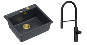 Quadron Unique Zlewozmywak granitowy jednokomorowy 57*50*22 cm MORGAN 110 BLACK DIAMOND z syfonem Push-2-Open w kolorze złotym z baterią GEMMA Q LINE SLIM  PURE CARBON z ruchomą wylewką kolor czarny mat/czarny wąż-DARMOWA DOSTAWA