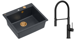 Quadron Unique Zlewozmywak granitowy jednokomorowy 57*50*22 cm MORGAN 110 BLACK DIAMOND z syfonem Push-2-Open w kolorze miedzianym z baterią GEMMA Q LINE SLIM  PURE CARBON z ruchomą wylewką kolor czarny mat/czarny wąż-DARMOWA DOSTAWA