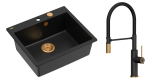 Quadron Unique Zlewozmywak granitowy jednokomorowy 57*50*22 cm MORGAN 110 PURE CARBON  z syfonem Push-2-Open w kolorze miedzianym z baterią GEMMA Q LINE SLIM  PURE CARBON z ruchomą wylewką kolor czarny mat/wykończenie miedź/czarny wąż-DARMOWA DOSTAWA