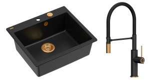 Quadron Unique Zlewozmywak granitowy jednokomorowy 57*50*22 cm MORGAN 110 PURE CARBON  z syfonem Push-2-Open w kolorze miedzianym z baterią GEMMA Q LINE SLIM  PURE CARBON z ruchomą wylewką kolor czarny mat/wykończenie miedź/czarny wąż-DARMOWA DOSTAWA