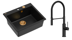 Quadron Unique Zlewozmywak granitowy jednokomorowy 57*50*22 cm MORGAN 110 PURE CARBON  z syfonem Push-2-Open w kolorze miedzianym z baterią GEMMA Q LINE SLIM  PURE CARBON z ruchomą wylewką kolor czarny/czarny wąż-DARMOWA DOSTAWA