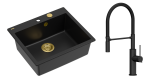 Quadron Unique Zlewozmywak granitowy jednokomorowy 57*50*22 cm MORGAN 110 PURE CARBON z syfonem Push-2-Open w kolorze złotym z baterią GEMMA Q LINE SLIM  PURE CARBON z ruchomą wylewką kolor czarny/czarny wąż-DARMOWA DOSTAWA