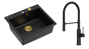 Quadron Unique Zlewozmywak granitowy jednokomorowy 57*50*22 cm MORGAN 110 PURE CARBON z syfonem Push-2-Open w kolorze złotym z baterią GEMMA Q LINE SLIM  PURE CARBON z ruchomą wylewką kolor czarny/czarny wąż-DARMOWA DOSTAWA