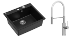 Quadron Unique Zlewozmywak granitowy jednokomorowy 57*50*22 cm MORGAN 110 PURE CARBON z syfonem Push-2-Open w kolorze stalowym z baterią GEMMA Q LINE SLIM  z ruchomą wylewką kolor stal szczotkowana/biały wąż-DARMOWA DOSTAWA