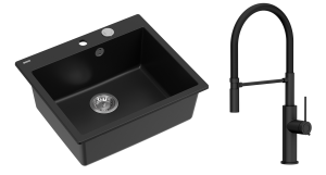 Quadron Unique Zlewozmywak granitowy jednokomorowy 57*50*22 cm MORGAN 110 PURE CARBON z syfonem Push-2-Open w kolorze stalowym z baterią GEMMA Q LINE SLIM  PURE CARBON z ruchomą wylewką kolor czarny/czarny wąż-DARMOWA DOSTAWA