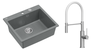 Quadron Unique Zlewozmywak granitowy jednokomorowy 57*50*22 cm MORGAN 110 SILVER STONE z syfonem Push-2-Open w kolorze stalowym  z baterią   GEMMA Q LINE SLIM  z ruchomą wylewką kolor stal szczotkowana/biały wąż-DARMOWA DOSTAWA