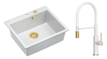 Quadron Unique Zlewozmywak granitowy jednokomorowy 57*50*22 cm MORGAN 110 SNOW WHITE z syfonem Push-2-Open w kolorze złotym z baterią GEMMA Q LINE SLIM SNOW WHITE z ruchomą wylewką kolor  biały mat/wykończenie złote/biały wąż-DARMOWA DOSTAWA