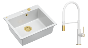 Quadron Unique Zlewozmywak granitowy jednokomorowy 57*50*22 cm MORGAN 110 SNOW WHITE z syfonem Push-2-Open w kolorze złotym z baterią GEMMA Q LINE SLIM SNOW WHITE z ruchomą wylewką kolor  biały mat/wykończenie złote/biały wąż-DARMOWA DOSTAWA