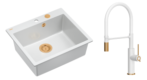 Quadron Unique Zlewozmywak granitowy jednokomorowy 57*50*22 cm MORGAN 110 SNOW WHITE z syfonem Push-2-Open w kolorze miedzianym z baterią GEMMA Q LINE SLIM SNOW WHITE z ruchomą wylewką kolor  biały mat/wykończenie miedź/biały wąż-DARMOWA DOSTAWA