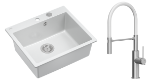 Quadron Unique Zlewozmywak granitowy jednokomorowy 57*50*22 cm MORGAN 110 SNOW WHITE z syfonem Push-2-Open w kolorze stalowym z baterią  GEMMA Q LINE SLIM  z ruchomą wylewką kolor stal szczotkowana/biały wąż-DARMOWA DOSTAWA