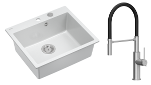 Quadron Unique Zlewozmywak granitowy jednokomorowy 57*50*22 cm MORGAN 110 SNOW WHITE z syfonem Push-2-Open w kolorze stalowym z baterią  GEMMA Q LINE SLIM  z ruchomą wylewką kolor stal szczotkowana/czarny wąż-DARMOWA DOSTAWA