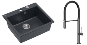 Quadron Unique Zlewozmywak granitowy jednokomorowy 57*50*22 cm MORGAN 110 BLACK DIAMOND z syfonem Push-2-Open w kolorze stalowym z baterią MARGOT T LINE GRAPHITE METAL z ruchomą wylewką kolor grafit/czarny wąż-DARMOWA DOSTAWA
