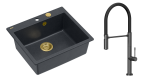 Quadron Unique Zlewozmywak granitowy jednokomorowy 57*50*22 cm MORGAN 110 BLACK DIAMOND z syfonem Push-2-Open w kolorze złotym z baterią MARGOT T LINE GRAPHITE METAL z ruchomą wylewką kolor grafit/czarny wąż-DARMOWA DOSTAWA