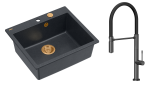 Quadron Unique Zlewozmywak granitowy jednokomorowy 57*50*22 cm MORGAN 110 BLACK DIAMOND z syfonem Push-2-Open w kolorze miedzianym z baterią MARGOT T LINE GRAPHITE METAL z ruchomą wylewką kolor grafit/czarny wąż-DARMOWA DOSTAWA