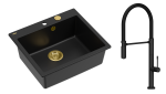 Quadron Unique Zlewozmywak granitowy jednokomorowy 57*50*22 cm MORGAN 110 PURE CARBON z syfonem Push-2-Open w kolorze złotym z baterią MARGOT T LINE PURE CARBON z ruchomą wylewką  kolor czarny mat/czarny wąż-DARMOWA DOSTAWA