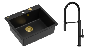 Quadron Unique Zlewozmywak granitowy jednokomorowy 57*50*22 cm MORGAN 110 PURE CARBON z syfonem Push-2-Open w kolorze złotym z baterią MARGOT T LINE PURE CARBON z ruchomą wylewką  kolor czarny mat/czarny wąż-DARMOWA DOSTAWA
