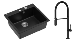 Quadron Unique Zlewozmywak granitowy jednokomorowy 57*50*22 cm MORGAN 110 PURE CARBON z syfonem Push-2-Open w kolorze stalowym z baterią MARGOT T LINE PURE CARBON z ruchomą wylewką  kolor czarny mat/czarny wąż-DARMOWA DOSTAWA