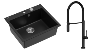 Quadron Unique Zlewozmywak granitowy jednokomorowy 57*50*22 cm MORGAN 110 PURE CARBON z syfonem Push-2-Open w kolorze stalowym z baterią MARGOT T LINE PURE CARBON z ruchomą wylewką  kolor czarny mat/czarny wąż-DARMOWA DOSTAWA