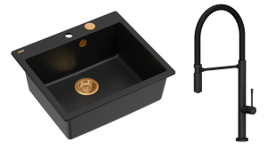 Quadron Unique Zlewozmywak granitowy jednokomorowy 57*50*22 cm MORGAN 110 PURE CARBON  z syfonem Push-2-Open w kolorze miedzianym z baterią MARGOT T LINE PURE CARBON z ruchomą wylewką  kolor czarny mat/czarny wąż-DARMOWA DOSTAWA