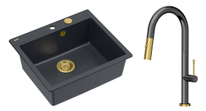 Quadron Unique Zlewozmywak granitowy jednokomorowy 57*50*22 cm MORGAN 110 BLACK DIAMOND z syfonem Push-2-Open w kolorze złotym z baterią  FELICITY T LINE GRAPHITE METAL z wyciąganą wylewką i funkcją prysznica grafit/wykończenie złote-DARMOWA DOSTAWA