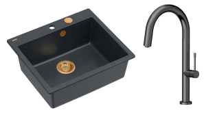 Quadron Unique Zlewozmywak granitowy jednokomorowy 57*50*22 cm MORGAN 110 BLACK DIAMOND z syfonem Push-2-Open w kolorze miedzianym z baterią HALEY T LINE GRAPHITE METAL kolor grafit-DARMOWA DOSTAWA