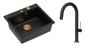 Quadron Unique Zlewozmywak granitowy jednokomorowy 57*50*22 cm MORGAN 110 PURE CARBON  z syfonem Push-2-Open w kolorze miedzianym z baterią HALEY T LINE PURE CARBON kolor czarny mat/wykończenie miedź-DARMOWA DOSTAWA