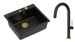 Quadron Unique Zlewozmywak granitowy jednokomorowy 57*50*22 cm MORGAN 110 PURE CARBON z syfonem Push-2-Open w kolorze złotym z baterią HALEY T LINE PURE CARBON kolor czarny mat/wykończenie złote-DARMOWA DOSTAWA