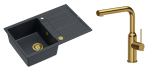 Quadron Unique Zlewozmywak granitowy jednokomorowy 78*50*22 cm z ociekaczem MORGAN 111 BLACK DIAMOND z syfonem Push-2-Open w kolorze złotym z baterią ANGELINA Q LINE z wyciąganą wylewką kolor złoty-DARMOWA DOSTAWA