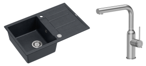 Quadron Unique Zlewozmywak granitowy jednokomorowy 78*50*22 cm z ociekaczem MORGAN 111 BLACK DIAMOND z syfonem Push-2-Open w kolorze stalowym z baterią  ANGELINA Q LINE z wyciąganą wylewką kolor stal szczotkowana-DARMOWA DOSTAWA