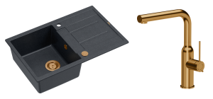 Quadron Unique Zlewozmywak granitowy jednokomorowy 78*50*22 cm z ociekaczem MORGAN 111 BLACK DIAMOND z syfonem Push-2-Open w kolorze miedzianym z baterią ANGELINA  Q LINE z wyciąganą wylewką kolor miedziany-DARMOWA DOSTAWA