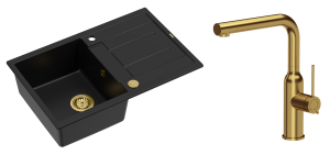 Quadron Unique Zlewozmywak granitowy jednokomorowy 78*50*22 cm z ociekaczem MORGAN 111 PURE CARBON z syfonem Push-2-Open w kolorze złotym z baterią  ANGELINA Q LINE z wyciąganą wylewką kolor złoty-DARMOWA DOSTAWA